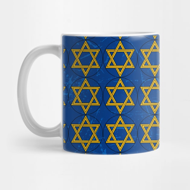 Geometric david star figure, a jude symbol repetion pattern over blue worn out effect by Drumsartco